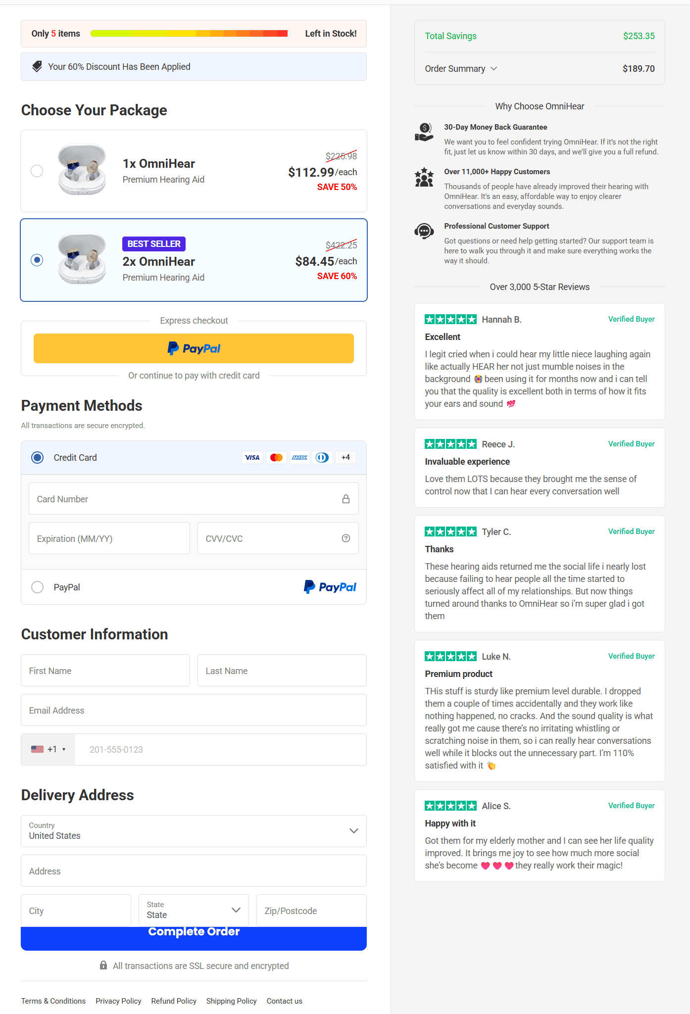 OmniHear Hearing Aids checkout page